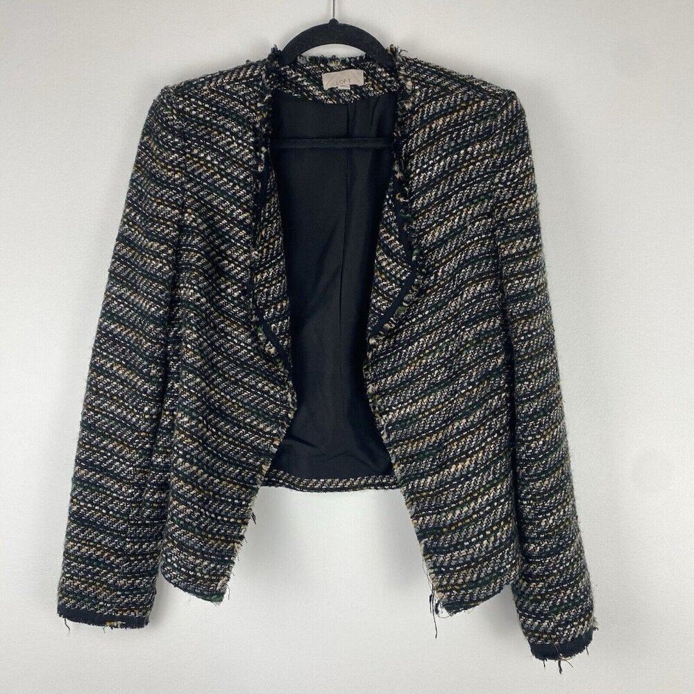 Loft Women's Tweed Open Front Jacket Size 4 Black Multicolor Lined Cropped
